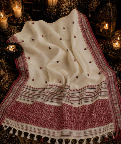Pure Cotton Weaving Saree in Off White & Maroon Traditional Border Design