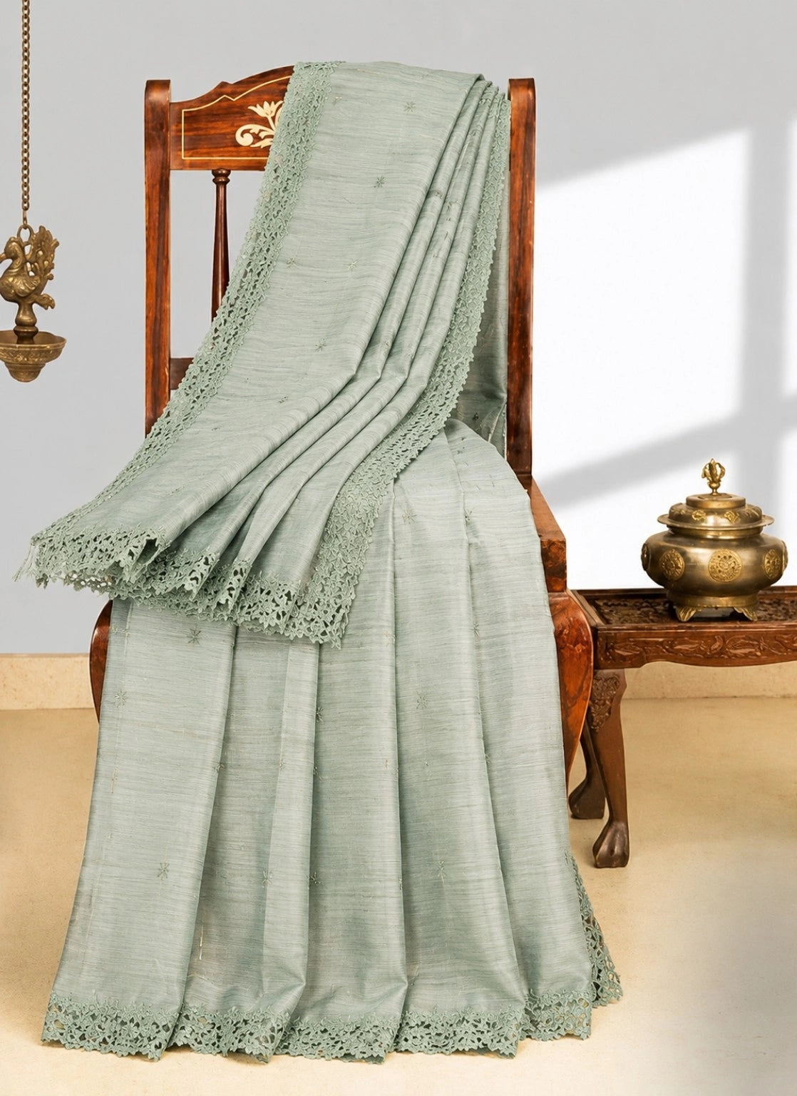 Sage Green Tussar Silk Cut Work Border Saree with Delicate Floral Embroidery