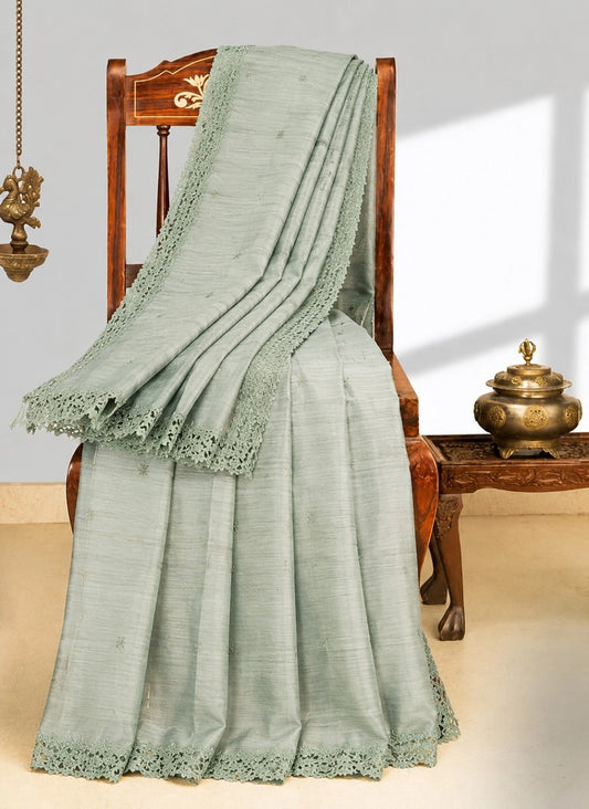 Sage Green Tussar Silk Cut Work Border Saree with Delicate Floral Embroidery