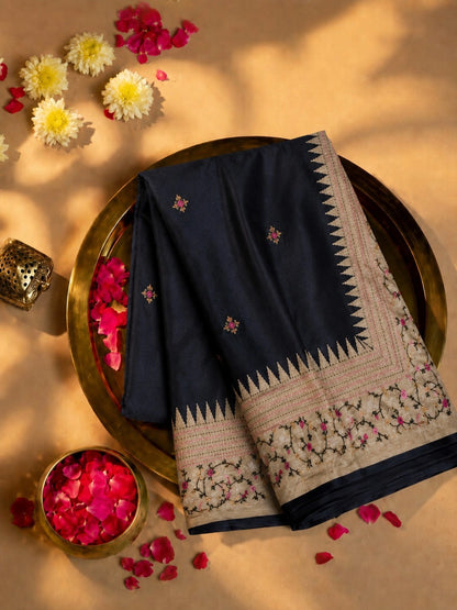 Black Embroidered Saree with Beige Floral Vine Border and Zigzag Weave Accents