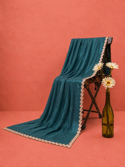 Teal Fandy Satin Saree with Floral Lace Border Elegant Party Wear Saree