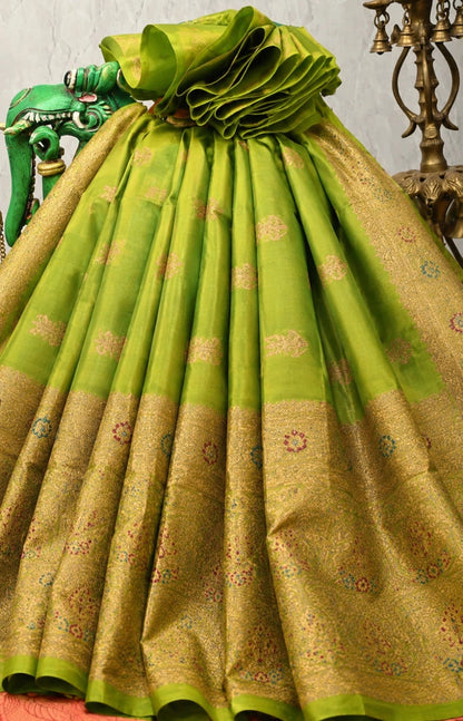 Lime Green Semi Katan Kanjivaram Silk Saree with Gold Zari Floral Border