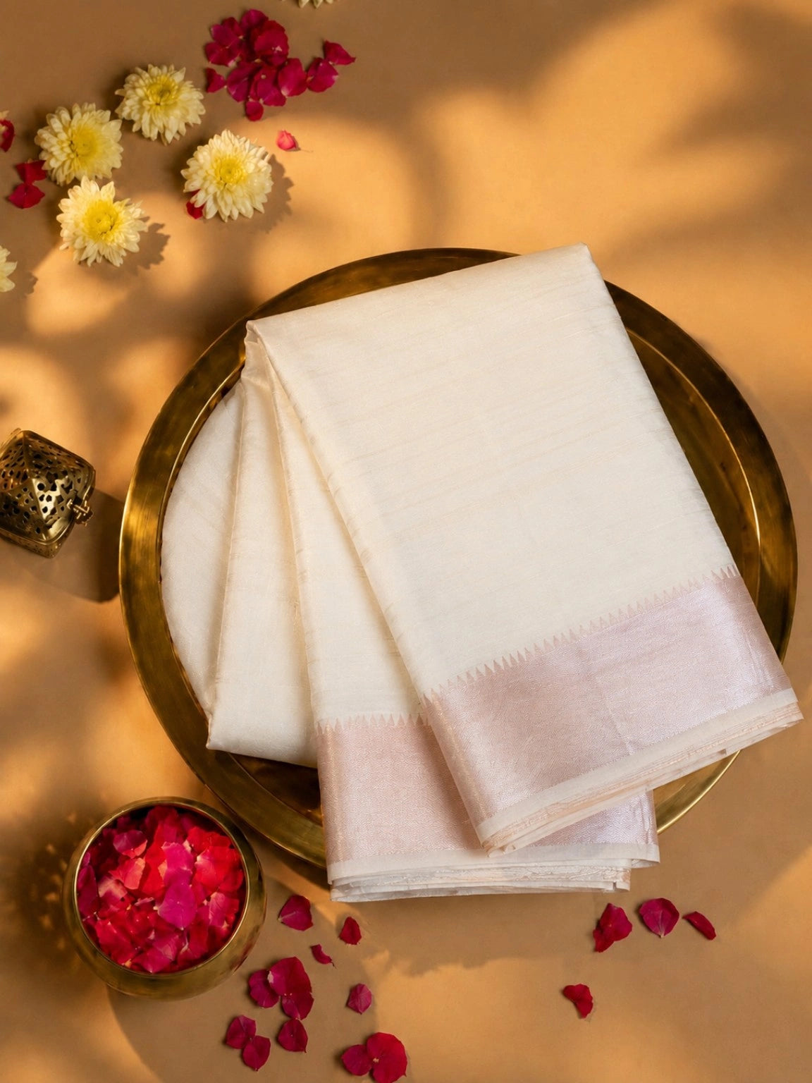 Off-White Mangalgiri Saree with Rose Gold Zari Border
