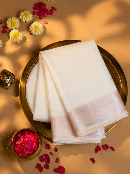 Off-White Mangalgiri Saree with Rose Gold Zari Border