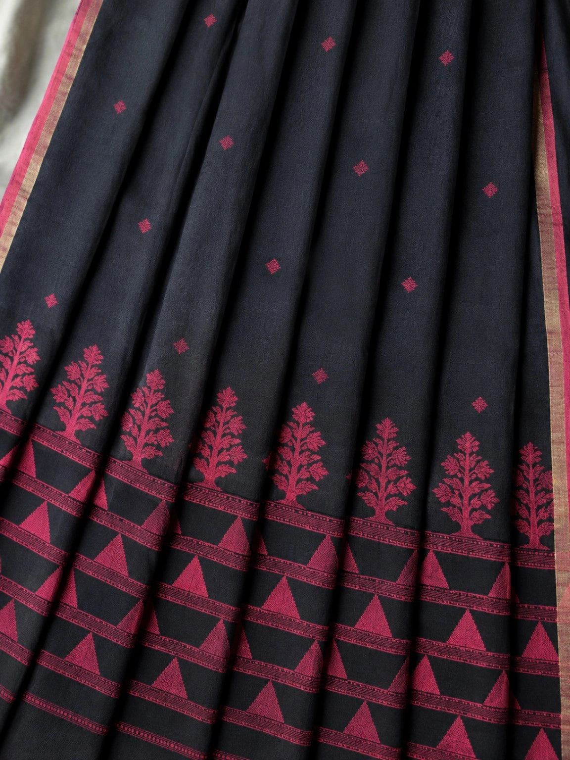 Black Cotton Tangail Handloom Saree with Magenta Tree Motif Border