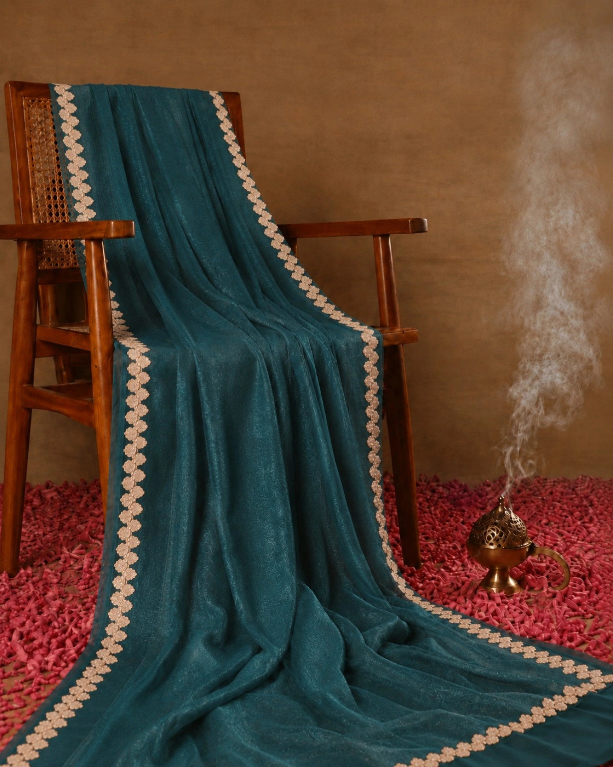 Teal Fandy Satin Saree with Floral Lace Border Elegant Party Wear Saree