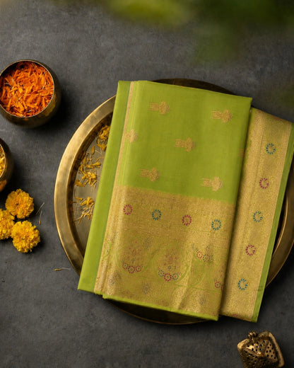 Lime Green Semi Katan Kanjivaram Silk Saree with Gold Zari Floral Border