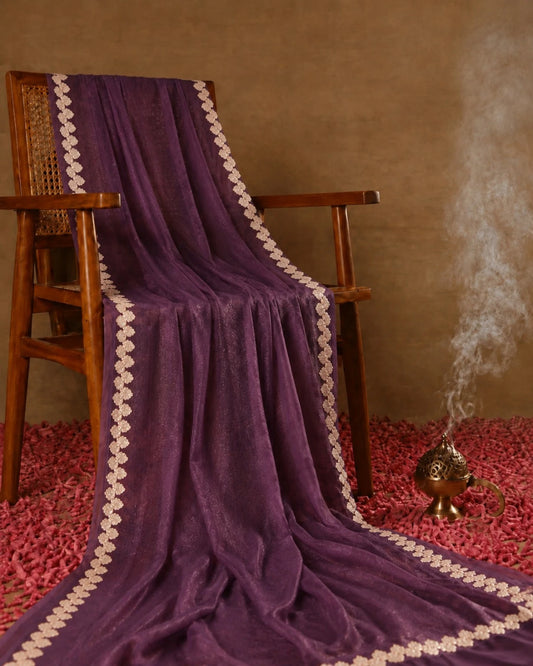 Deep Plum Jimmy Choo Saree with Floral Lace Border Elegant Party Wear Saree
