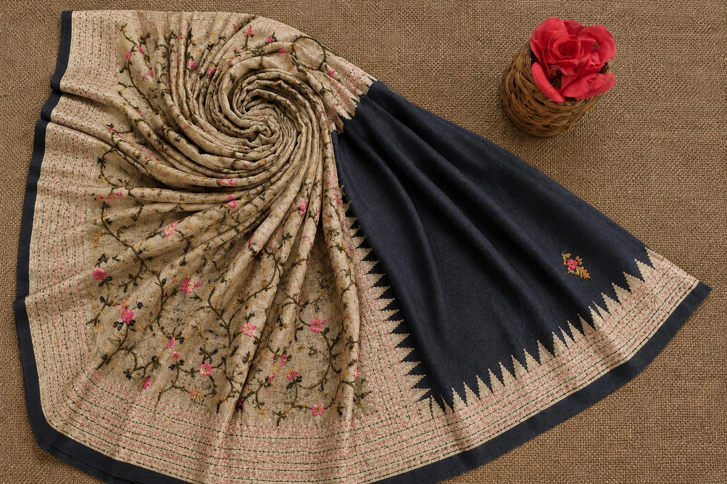 Black Embroidered Saree with Beige Floral Vine Border and Zigzag Weave Accents