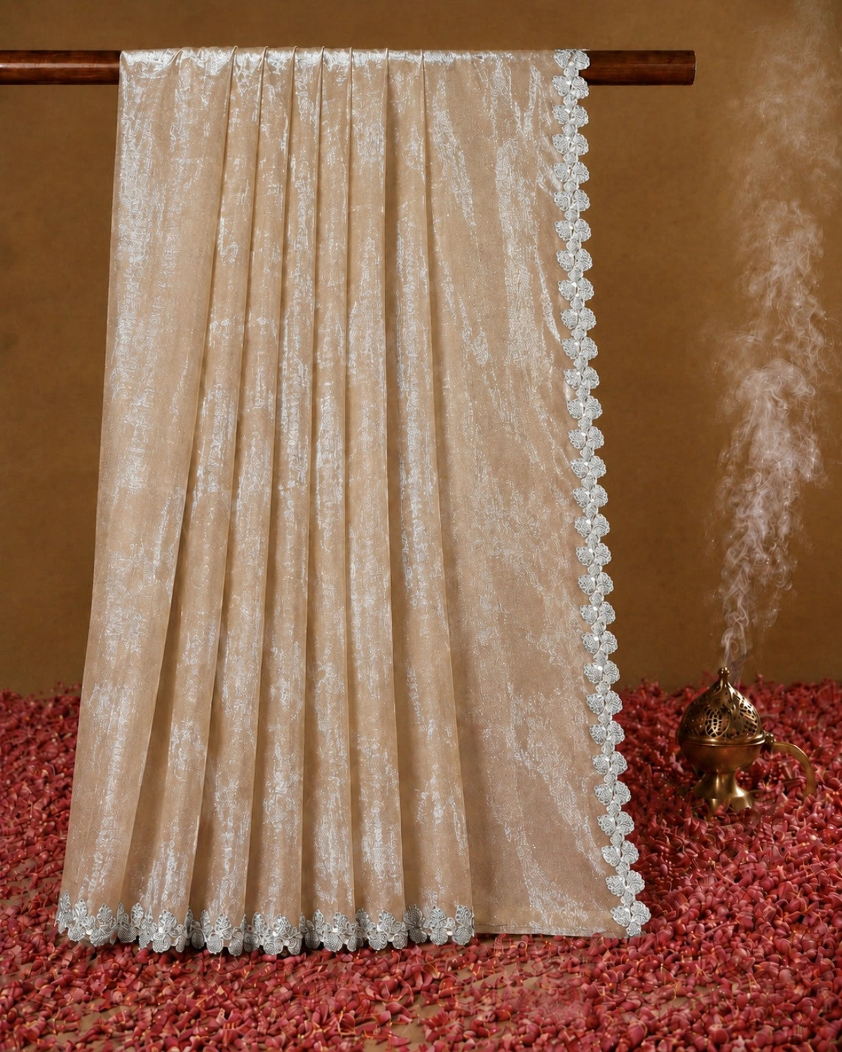 Champagne Beige Fandy Satin Saree with Silver Floral Lace Border Elegant Occasion Wear Saree