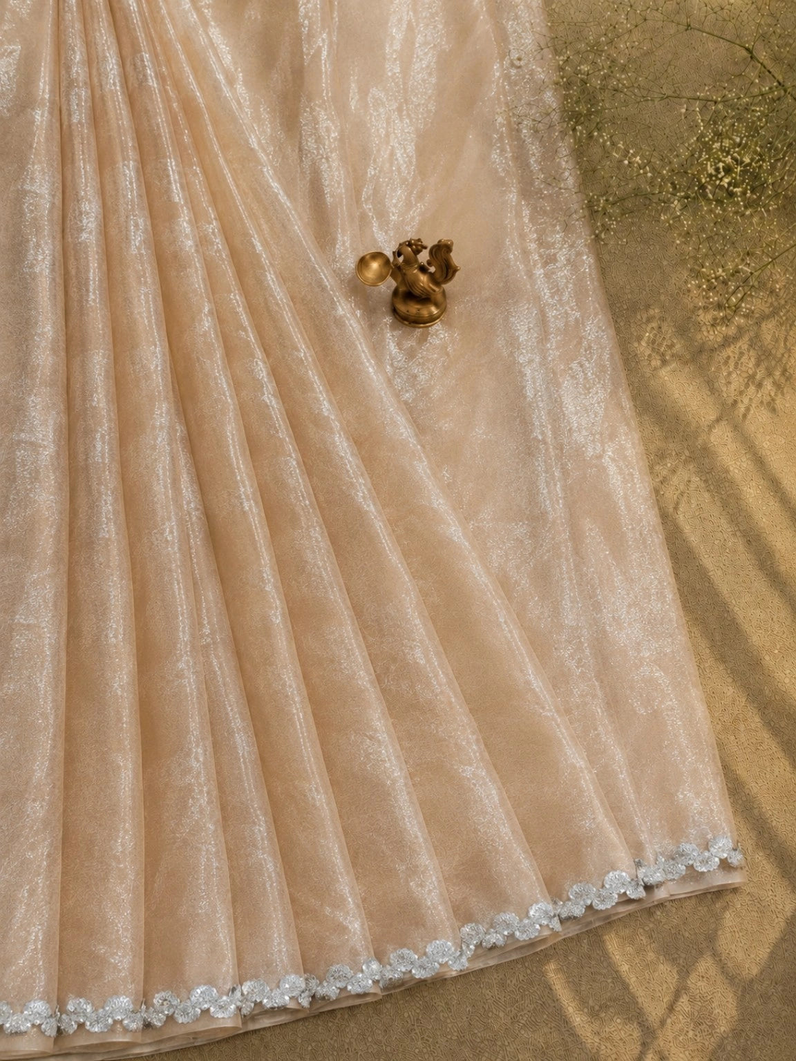 Champagne Beige Fandy Satin Saree with Silver Floral Lace Border Elegant Occasion Wear Saree