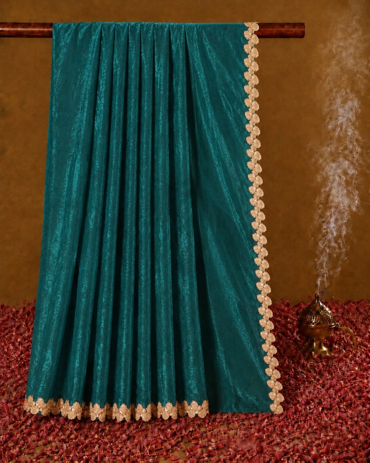 Teal Fandy Satin Saree with Floral Lace Border Elegant Party Wear Saree