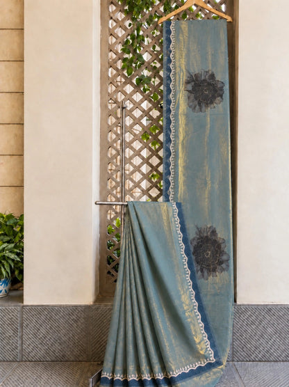 Taupe Brown Floral Printed Fendi Jimmy Choo Designer Saree with Pearl Lace Border