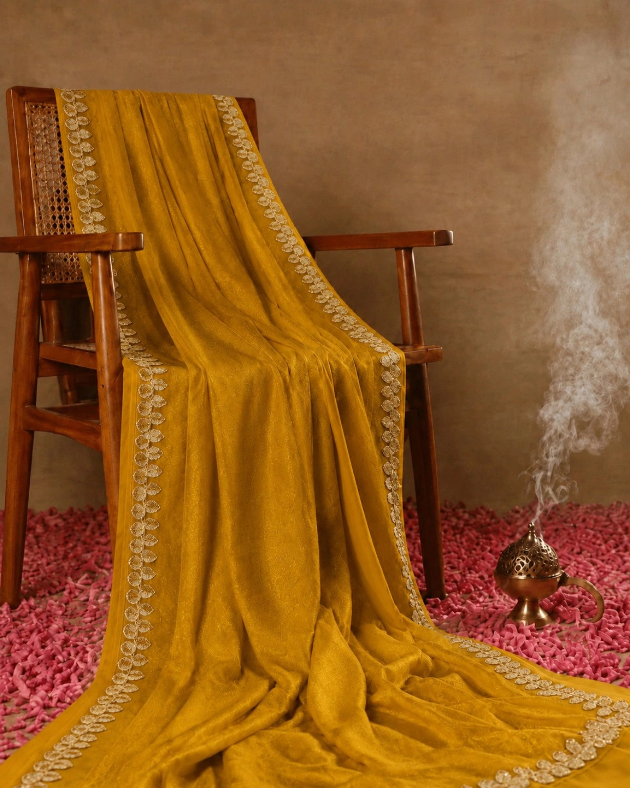 Mustard Yellow Fandy Satin Saree with Floral Lace Border Festive Party Wear Saree
