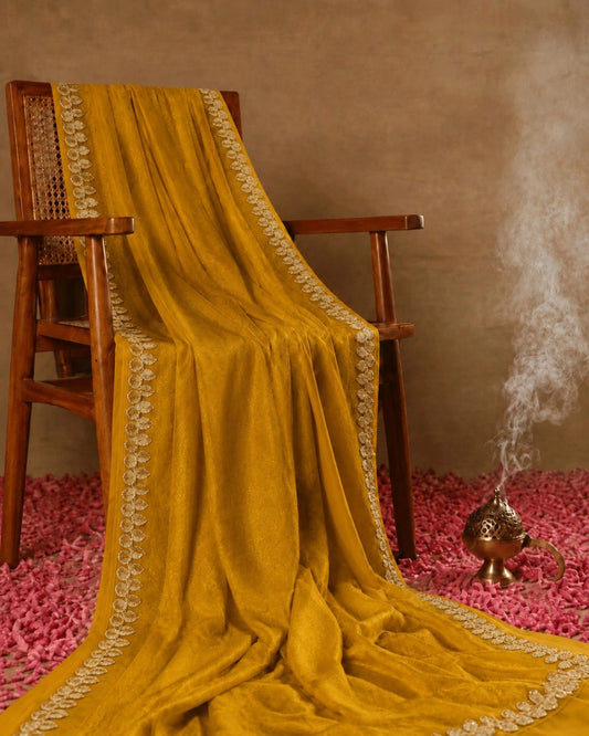 Mustard Yellow Fandy Satin Saree with Floral Lace Border Festive Party Wear Saree
