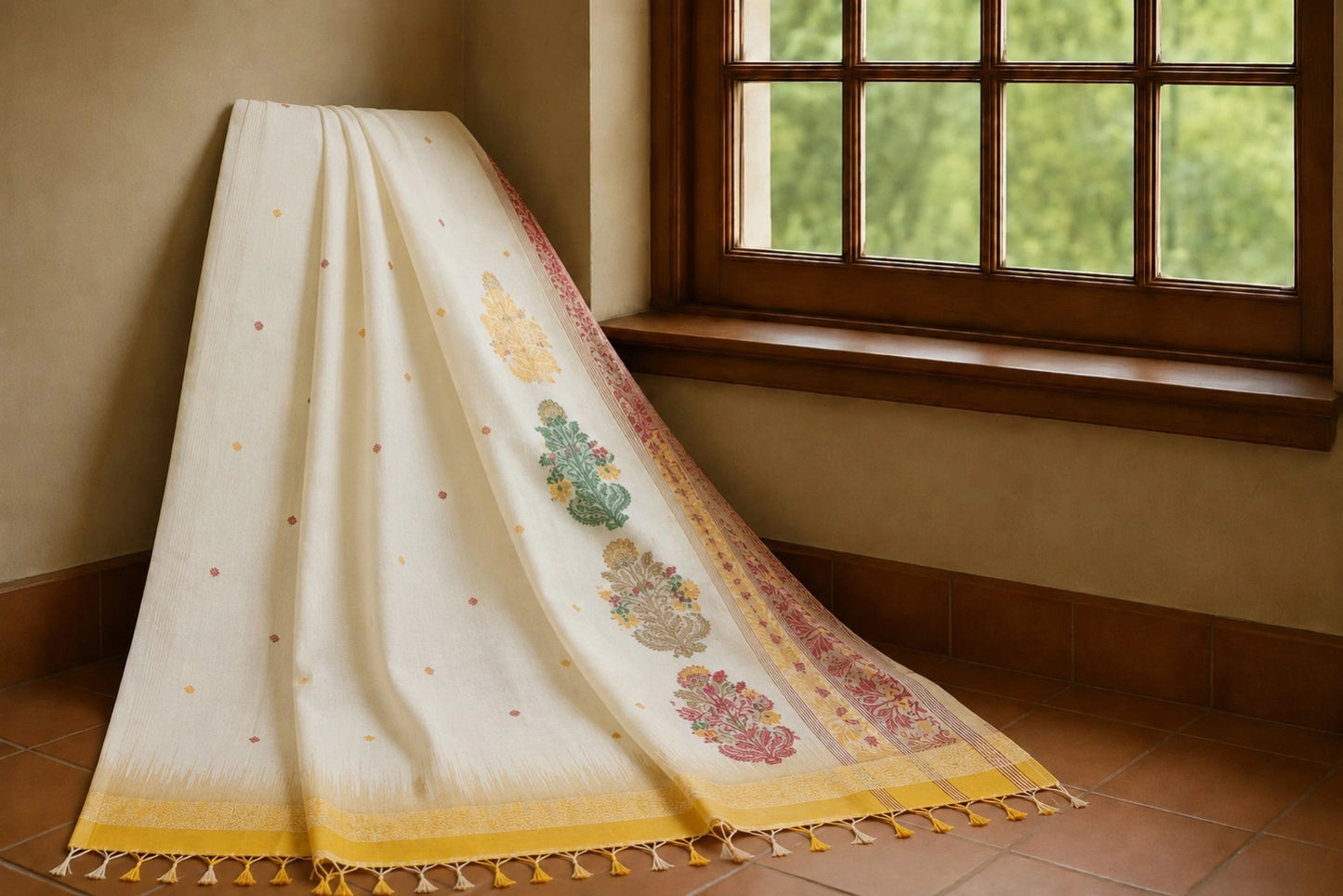 Red & Off-White Cotton Jamdani Ganga Jamuna Border Saree with Floral Woven Motifs
