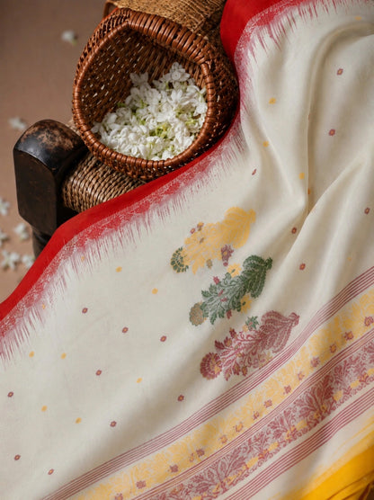 Red & Off-White Cotton Jamdani Ganga Jamuna Border Saree with Floral Woven Motifs