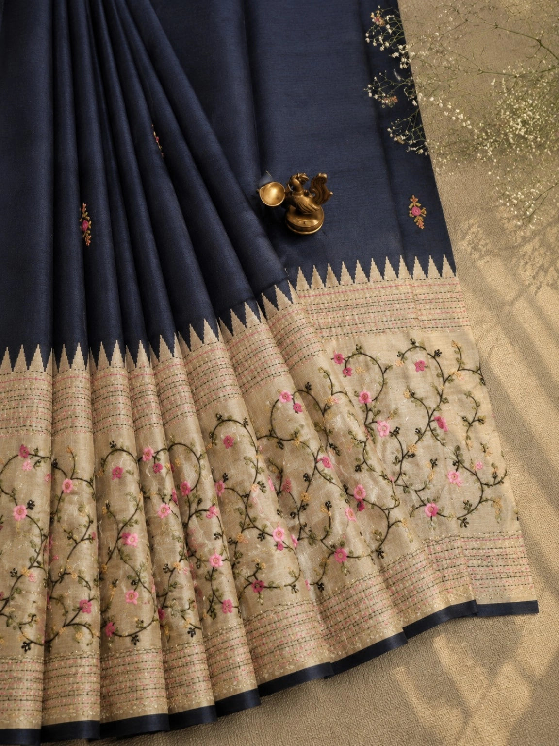 Black Embroidered Saree with Beige Floral Vine Border and Zigzag Weave Accents