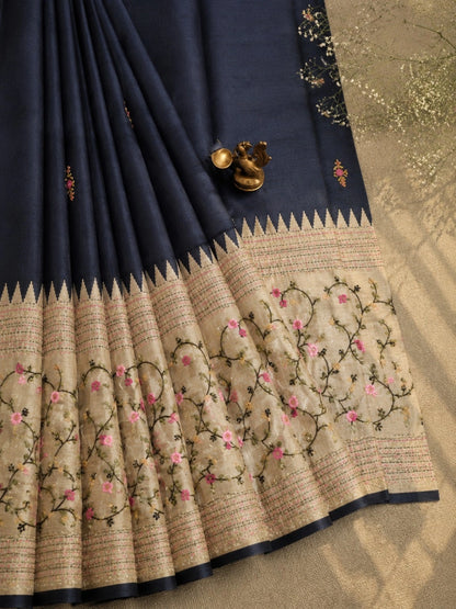 Black Embroidered Saree with Beige Floral Vine Border and Zigzag Weave Accents