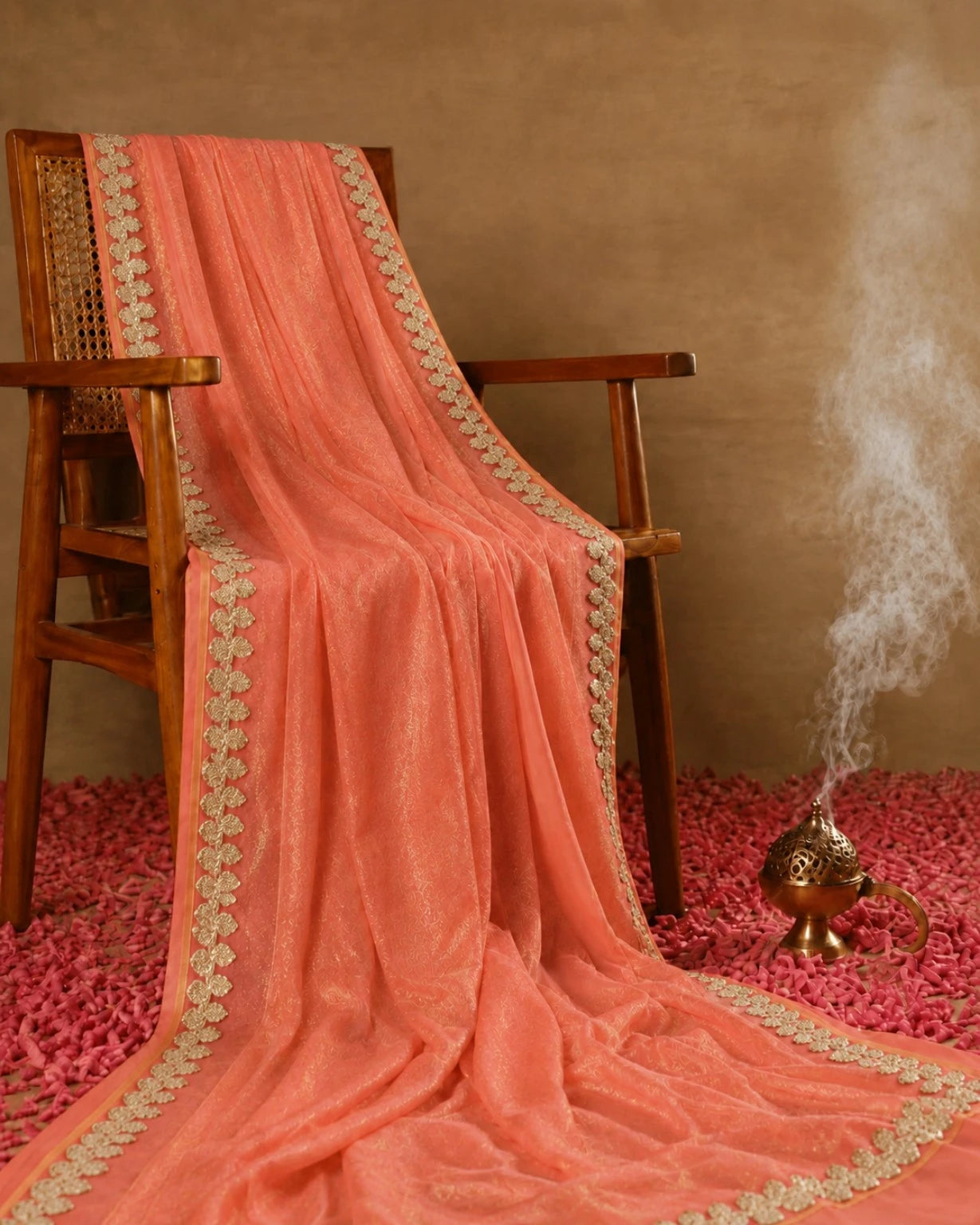 Peach Fandy Satin Saree with Embellished Floral Border Party Wear Saree