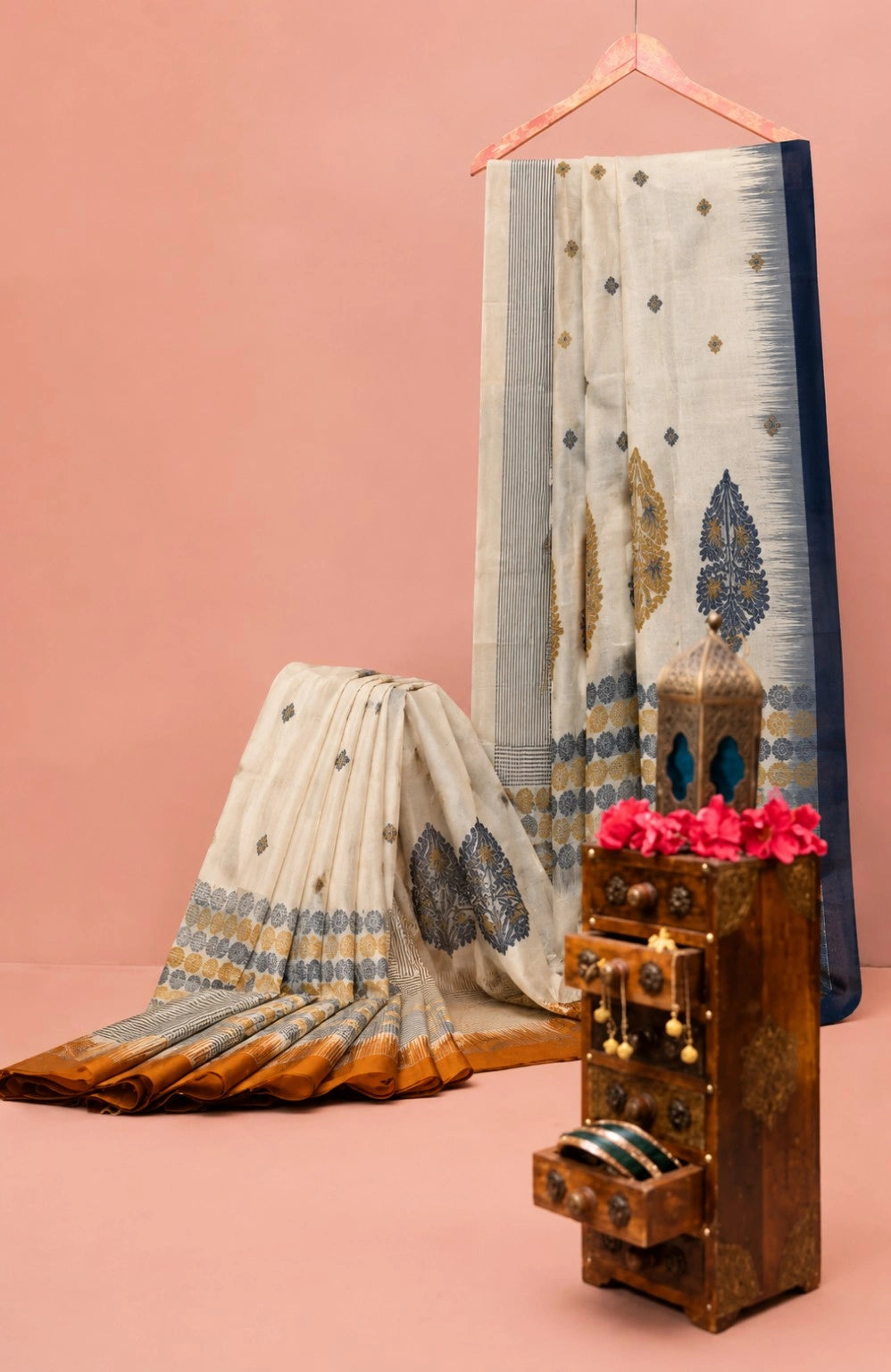 Pure Handloom Cotton Weaving Saree in Off-White & Mustard with Navy Blue Floral Pallu Design