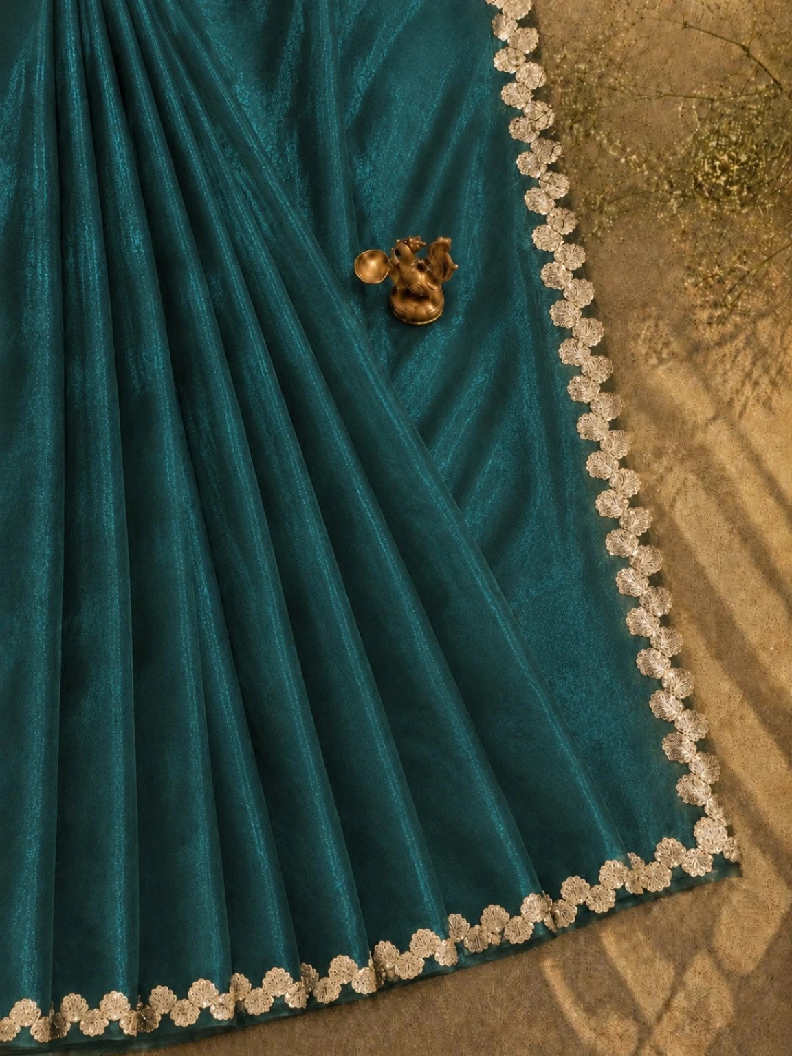 Teal Fandy Satin Saree with Floral Lace Border Elegant Party Wear Saree