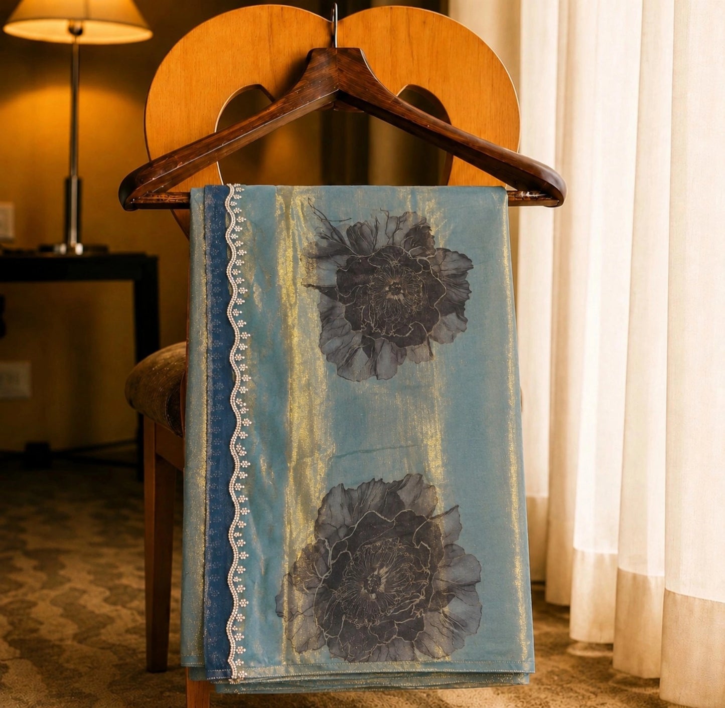 Taupe Brown Floral Printed Fendi Jimmy Choo Designer Saree with Pearl Lace Border