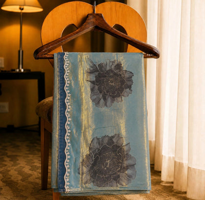 Taupe Brown Floral Printed Fendi Jimmy Choo Designer Saree with Pearl Lace Border