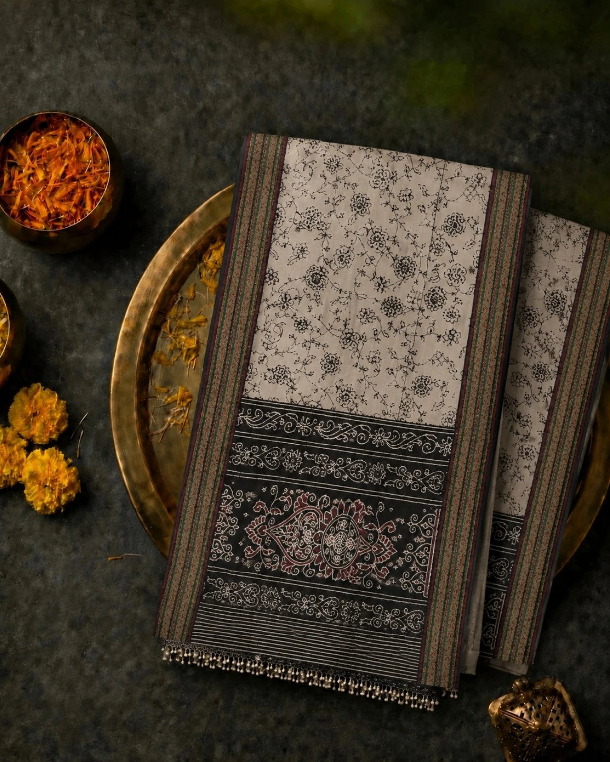 Grey & Black Floral Printed Chanderi Cotton Saree with Ornamental Border Design