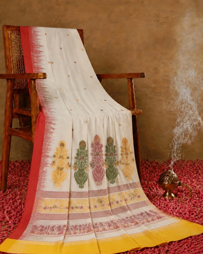 Red & Off-White Cotton Jamdani Ganga Jamuna Border Saree with Floral Woven Motifs