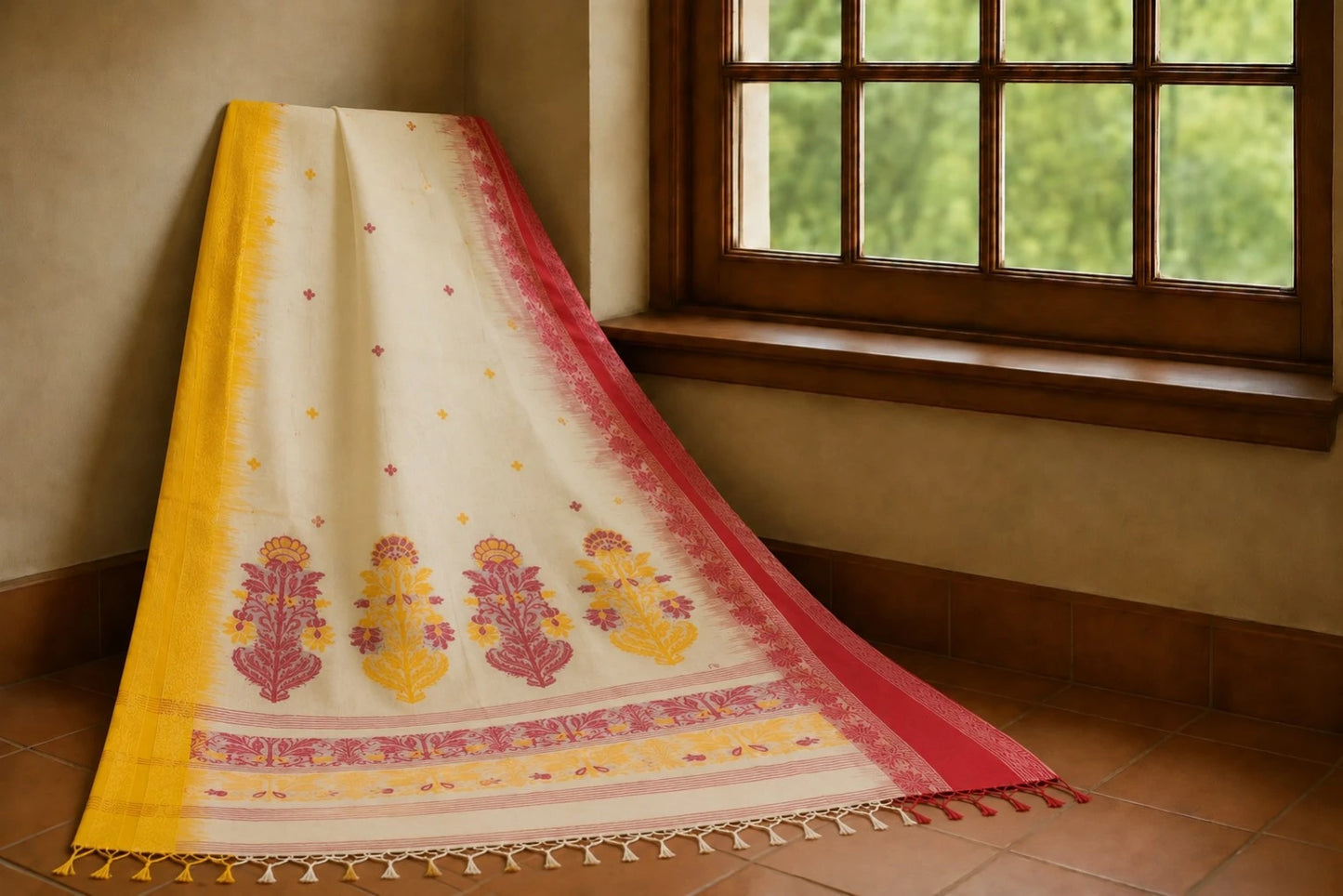 Cotton Jamdani Ganga Jamuna Border Saree in Off-White & Mustard Yellow with Floral Woven Motifs