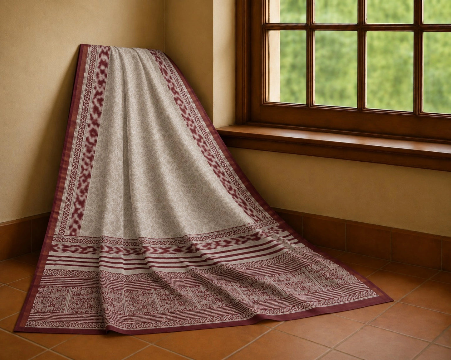 Off White & Maroon Chanderi Cotton Saree with Floral Buta Print and Traditional Woven Border