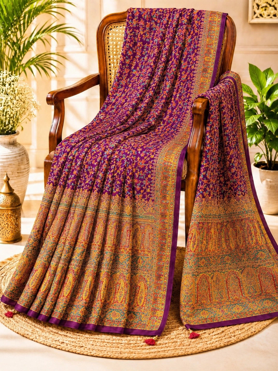Purple Pure Kashmiri Kani Silk Saree with Intricate Floral Weave & Traditional Paisley Pallu