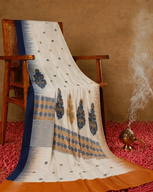 Pure Handloom Cotton Weaving Saree in Off-White & Mustard with Navy Blue Floral Pallu Design