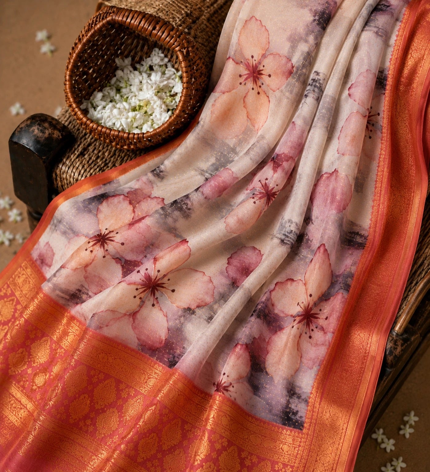 Peach Floral Digital Print Georgette Crepe Silk Saree with Coral Zari Border