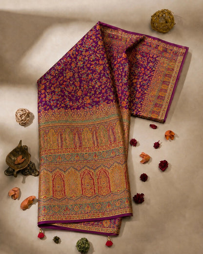 Purple Pure Kashmiri Kani Silk Saree with Intricate Floral Weave & Traditional Paisley Pallu