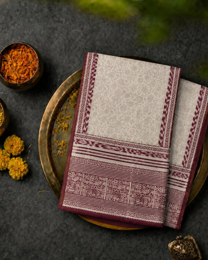 Off White & Maroon Chanderi Cotton Saree with Floral Buta Print and Traditional Woven Border