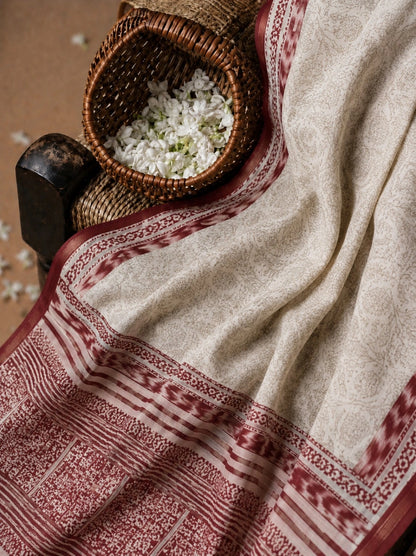 Off White & Maroon Chanderi Cotton Saree with Floral Buta Print and Traditional Woven Border