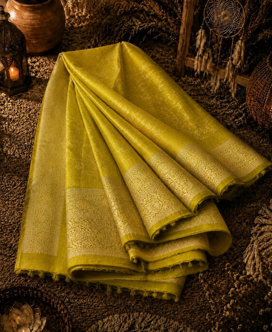 Olive Green Semi Katan Kanjivaram Silk Saree with Floral Woven Border & Elegant Traditional Design