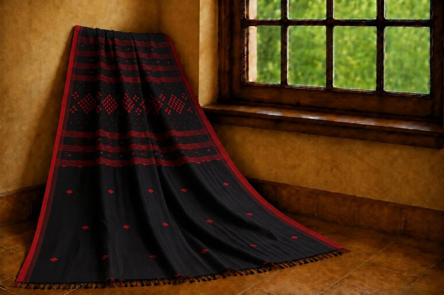 Black & Deep Red Pure Cotton Jamdani Saree with Traditional Geometric Woven Motifs