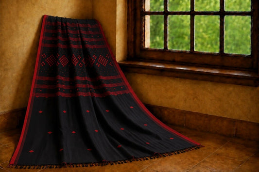 Black & Deep Red Pure Cotton Jamdani Saree with Traditional Geometric Woven Motifs
