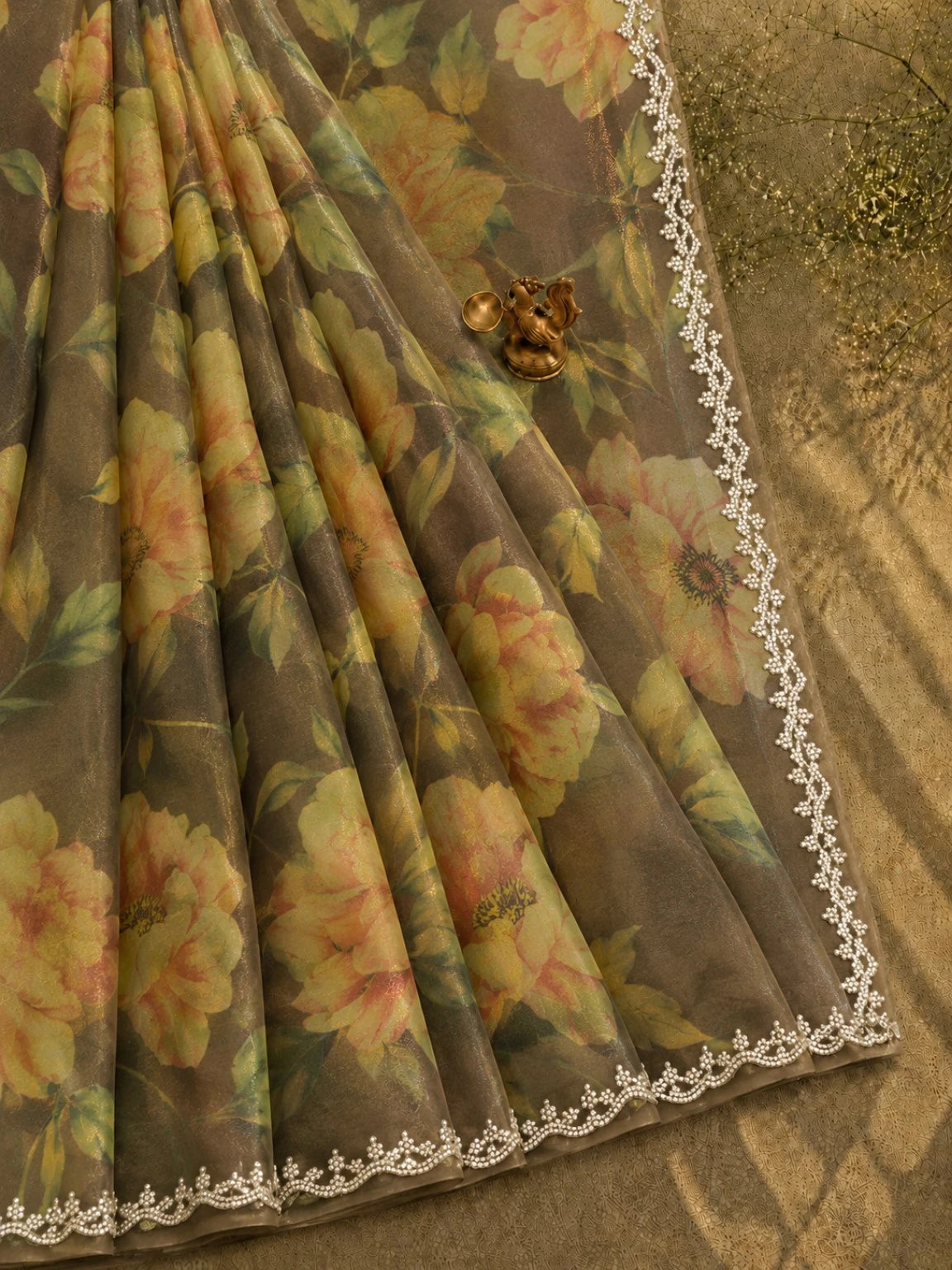 Mocha Brown Floral Printed Fendi Jimmy Choo Designer Saree with Pearl Embellished Border