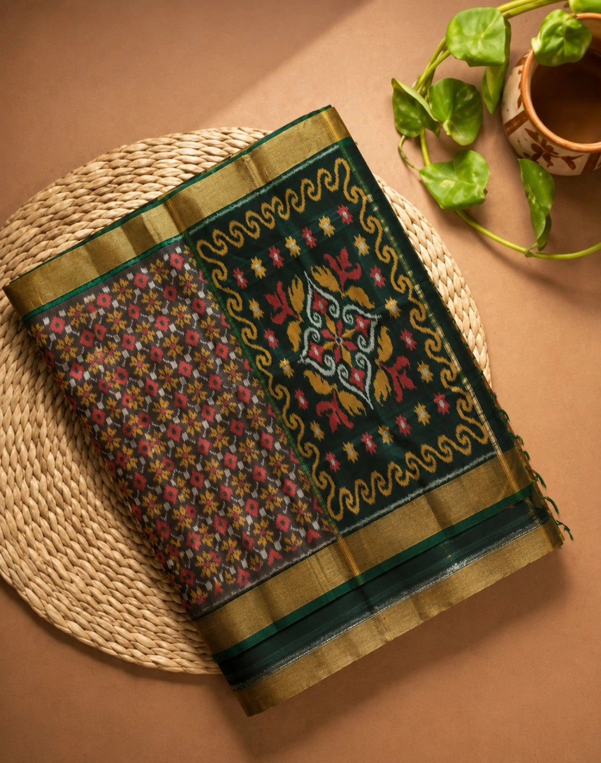 Pure Sico Pochampally Saree in Forest Green with Floral Print & Traditional Pallu Design
