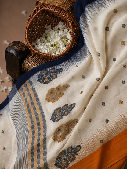 Pure Handloom Cotton Weaving Saree in Off-White & Mustard with Navy Blue Floral Pallu Design
