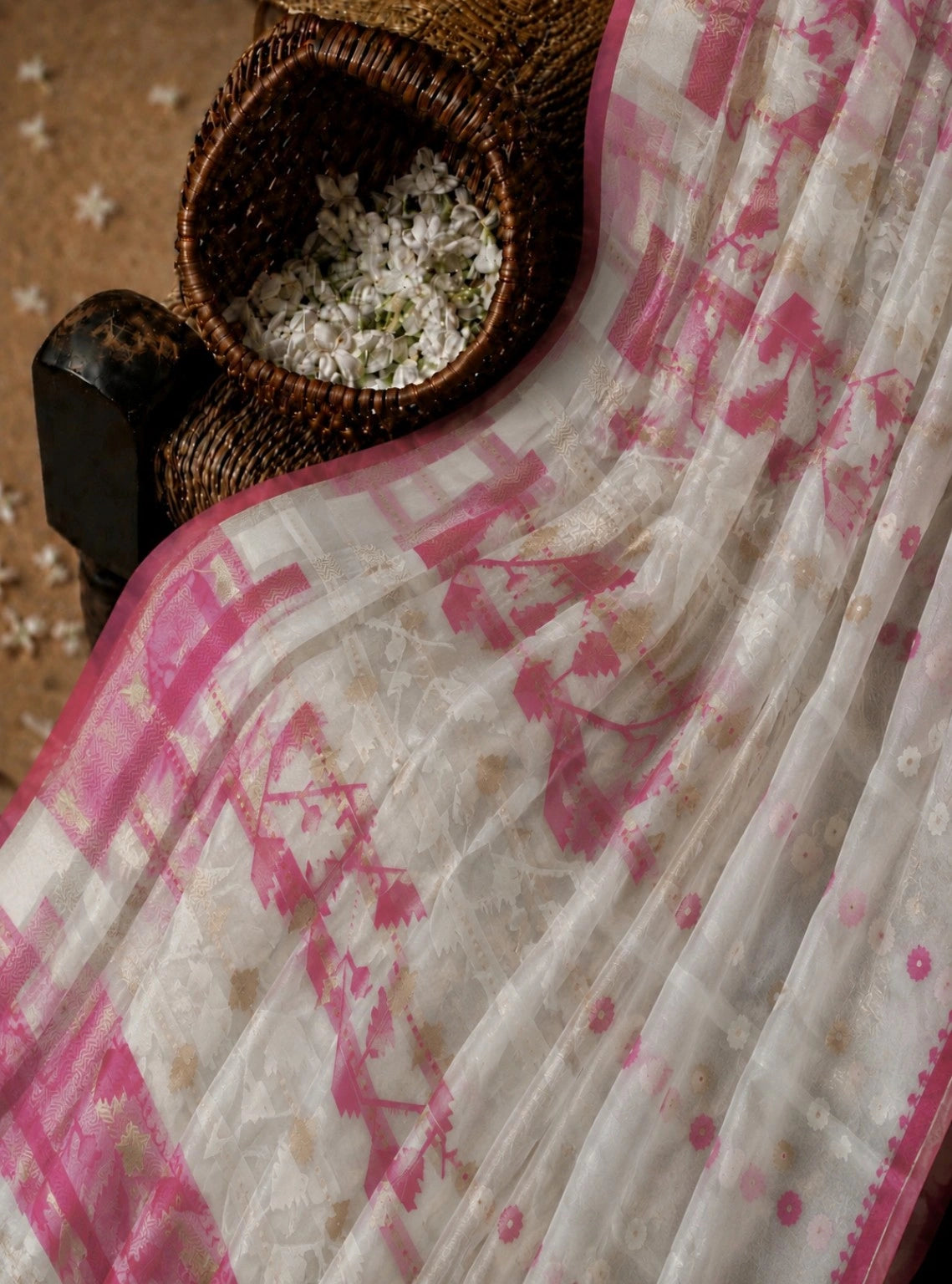 Off White & Pink Muslin Jamdani Saree with Floral Buti and Geometric Woven Border