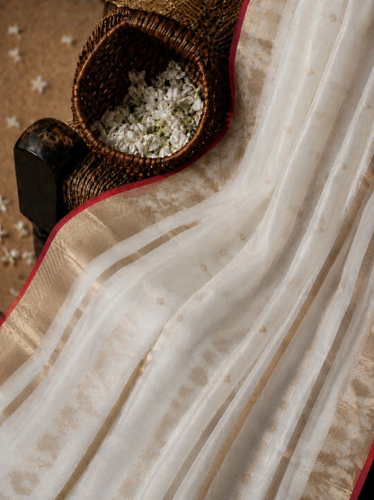 Off White Muslin Jamdani Saree with Gold Buti Work and Red Temple Border