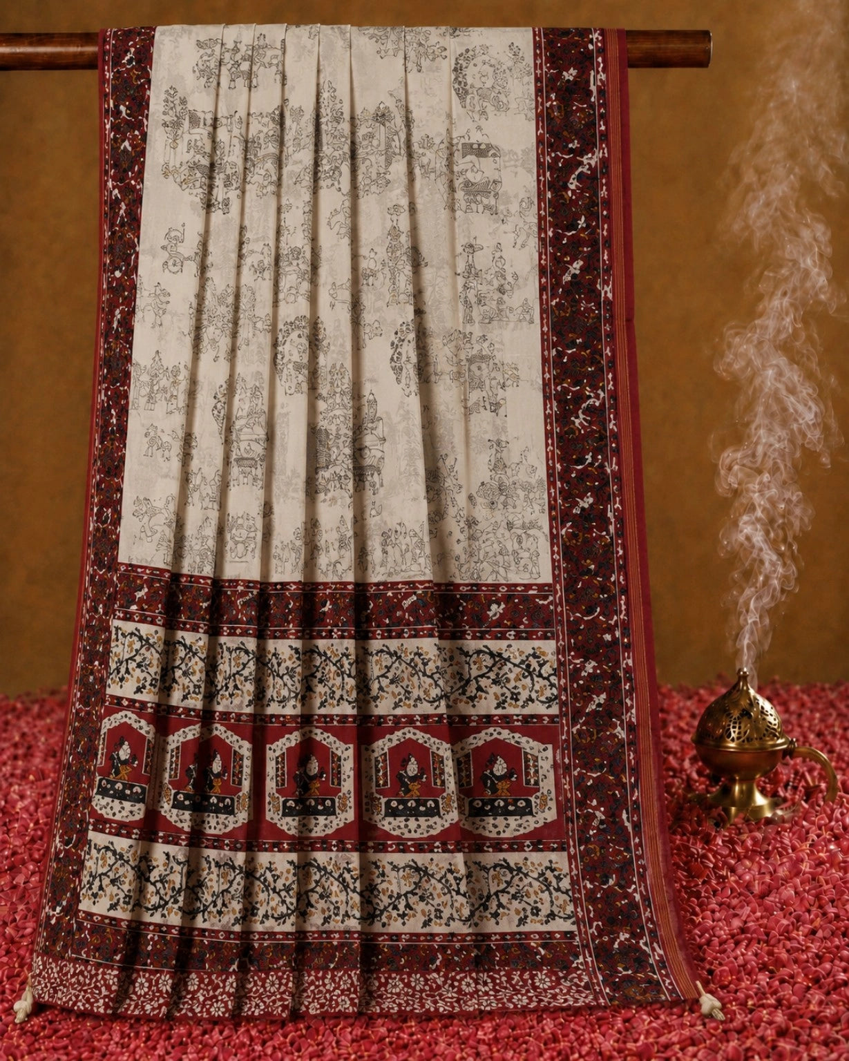 Chanderi Cotton Saree in Off-White with Maroon Heritage Border and Traditional Figurative Print Design