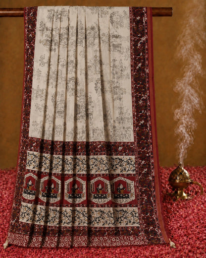 Chanderi Cotton Saree in Off-White with Maroon Heritage Border and Traditional Figurative Print Design