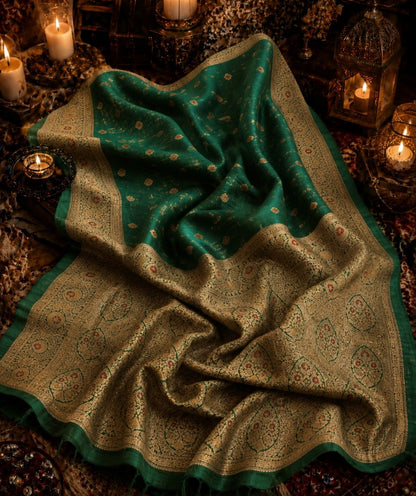 Emerald Green Katan Paithani Silk Minakari Saree with Rich Zari Floral Border & Traditional Woven Pallu