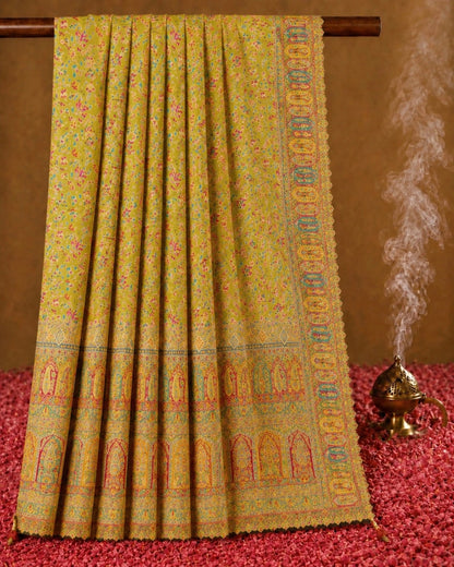Pure Kashmiri Kani Silk Saree in Mustard Yellow with Floral Buta Weave & Paisley Pallu